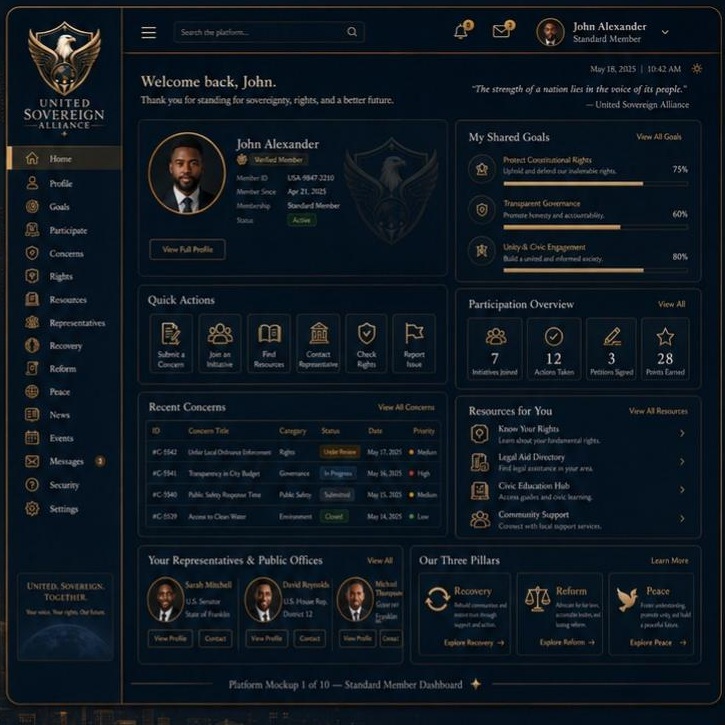 United Sovereign Alliance member dashboard interface